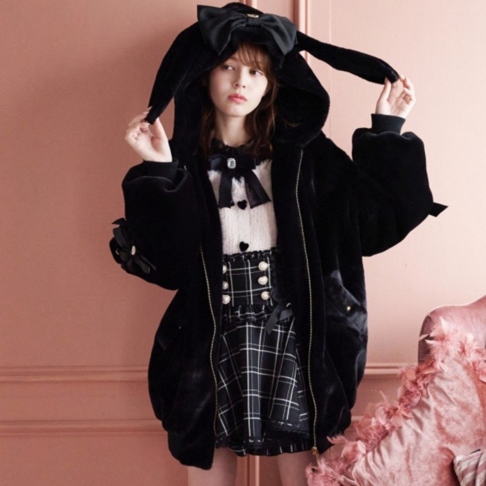 Liz Lisa Women Fur Black Jacket With Rabbit Ears Hood Lolita